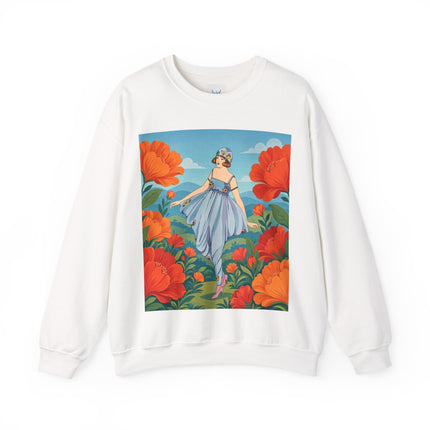 🌺🩵 The Poppy Hill Promenade Crewneck Sweatshirt – Art Deco Fashion Whimsy