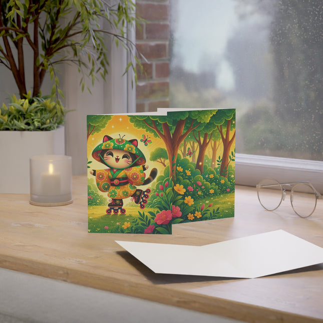 🛼🌼 The Roller-Skating Garden Kitten Greeting Card – Whimsical Woodland Adventure