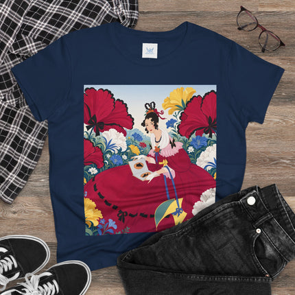 ❤️🌺 The Scarlet Garden Storybook Cotton Tee – Art Deco Floral Elegance