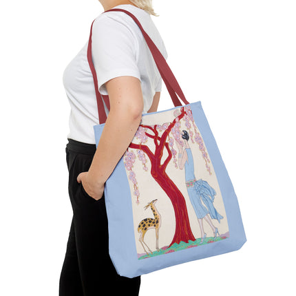 Woman, Fawn, and Red Tree by George Barbier Tote Bag (AOP)