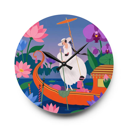 🪷🚣 The Lady Of The Lotus Lake Acrylic Wall Clock – Art Deco Botanical Fantasy