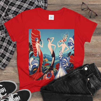 🌹🎭 The Three Ladies Of The Floral Promenade Cotton Tee – Art Deco Fashion Elegance