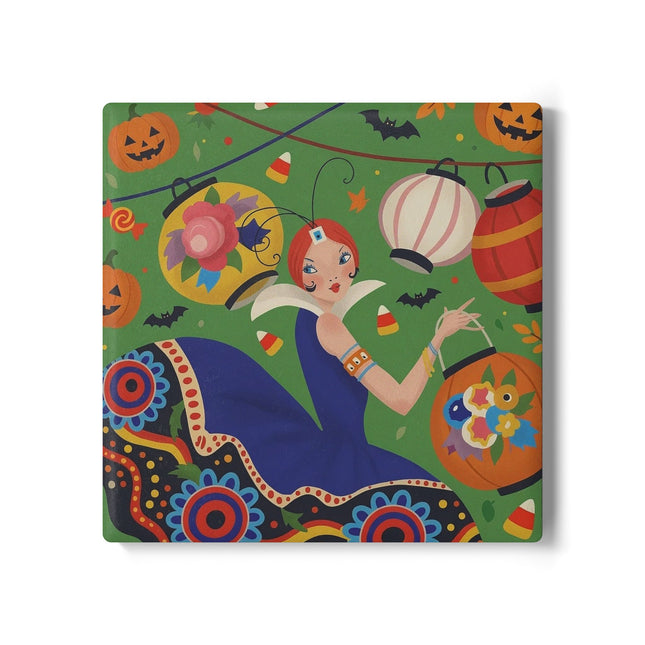 🏮🎃 The Lady Of Halloween Lanterns Ceramic Coaster – Colorful Art Deco Halloween Charm