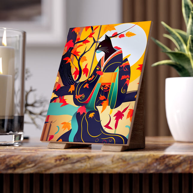 Black Cat in Kimono Ceramic Tile