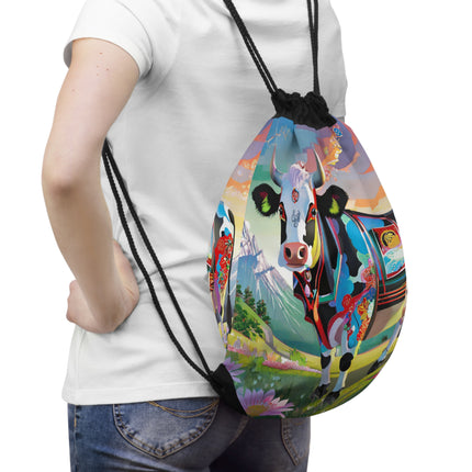 Cyber Glitch Cow Drawstring Bag