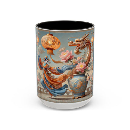 Golden Dragon & Lantern Lady Colorful Mug – Imperial Dragon & Elegant Harmony