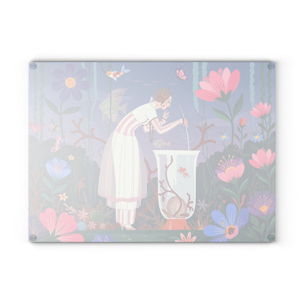 🐠🌸 The Lady Of The Enchanted Aquarium Glass Cutting Board – Art Deco Underwater Garden Fantasy