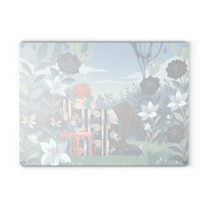 📚🌹 The Red-Haired Reader Glass Cutting Board – Art Deco Floral Garden