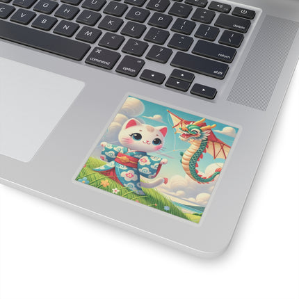 Geisha Kitten and the Dragon Kite Kiss-Cut Stickers (4 Sizes)