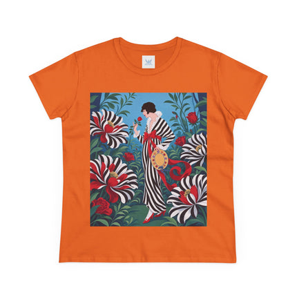 ❤️🌹 The Scarlet Striped Garden Cotton Tee – Art Deco Fashion Illustration