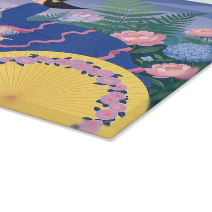 🌸🎩 The Lady Of The Hydrangea Promenade Glass Cutting Board – Art Deco Garden Elegance