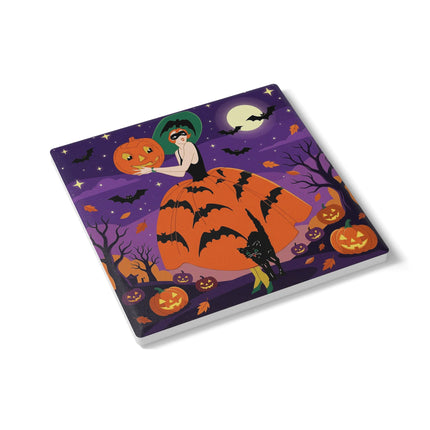 🎃🌕 The Pumpkin Moon Enchantress Ceramic Coaster – Elegant Halloween Masquerade