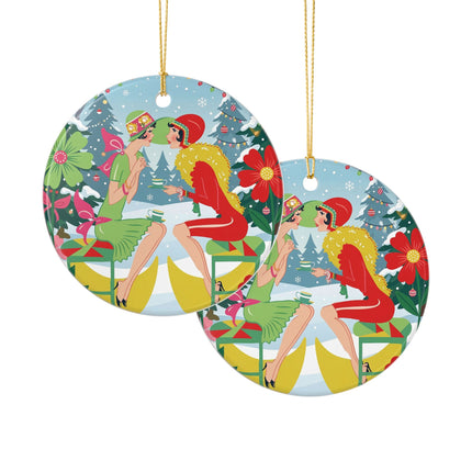 ☕🎄 Christmas Tea In The Snow Garden Ceramic Ornament – Art Deco Holiday Friendship