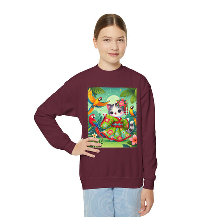 Parrot Dance of the Geisha Kitten Youth Crewneck Sweatshirt – Color, Rhythm & Joyful Expression