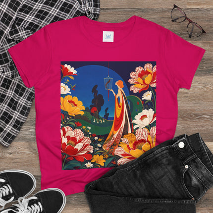 🌺🐦 The Enchanted Birdcage Garden Cotton Tee – Art Deco Floral Fantasy