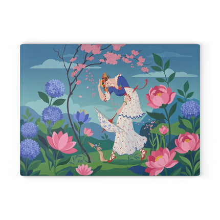 🌸☂️ The Lady Of The Falling Cherry Blossoms Glass Cutting Board – Art Deco Garden Fantasy
