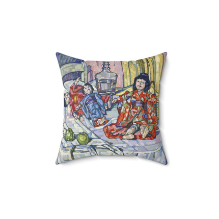 Japanese Dolls With Apples by Eugenie Bandell Spun Polyester Square Pillow