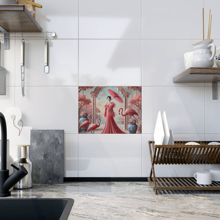 Petals, Porcelain, and Flamingos Ceramic Tile