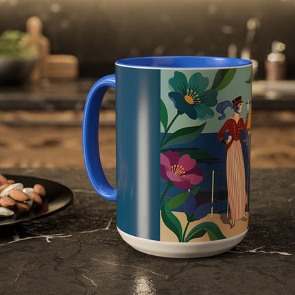 The Lady Of The Golden Horizon Colorful Mugs – Art Deco Coastal Elegance