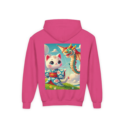 Geisha Kitten and the Dragon Kite Youth Hooded Sweatshirt – Bold Energy & Sky-High Adventure