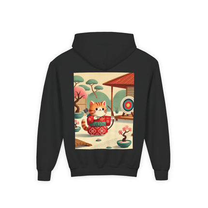 Archer Kitten in the Zen Garden Youth Hooded Sweatshirt – Calm Focus & Playful Strength