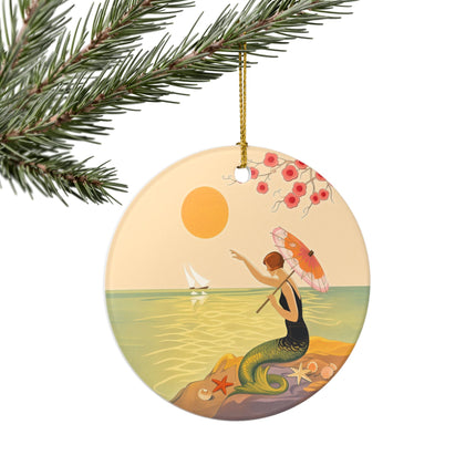 🧜‍♀️☂️ The Mermaid With The Parasol Ceramic Ornament – Art Deco Seaside Fantasy
