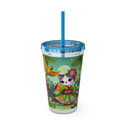 Parrot Dance of the Geisha Kitten Sunsplash Tumbler with Straw, 16oz