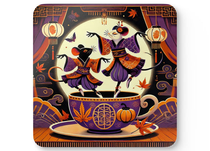Theatrical Halloween Kabuki Mice on Teacup Corkwood Coaster Set