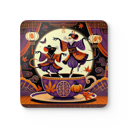 Theatrical Halloween Kabuki Mice on Teacup Corkwood Coaster Set