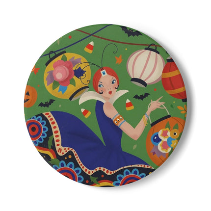 🏮🎃 The Lady Of Halloween Lanterns Ceramic Coaster – Colorful Art Deco Halloween Charm