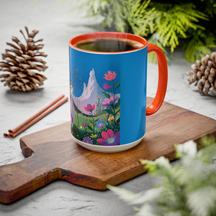 The Lady And The Moonlit Peak Colorful Mugs – Art Deco Alpine Garden Elegance