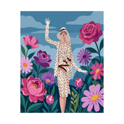 🌸👒 The Lady Of The Grand Flower Garden Matte Vertical Poster – Art Deco Fashion Illustration