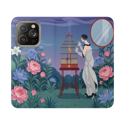 🐦🌸 The Lady And The Golden Bird Flip Case – Art Deco Floral Reverie