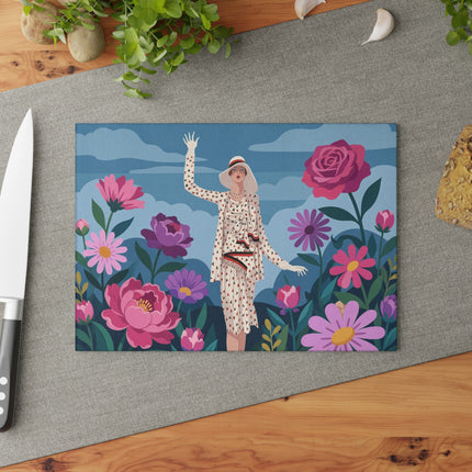 🌹☁️ The Lady Of The Rose Garden Glass Cutting Board – Art Deco Floral Fashion Elegance