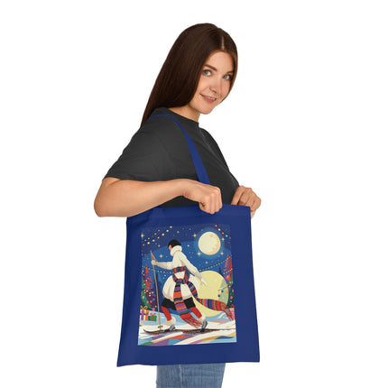 🎿🌙 The Moonlit Christmas Skier Cotton Tote Bag – Art Deco Holiday Adventure