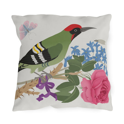 Woodpecker & Rose Outdoor Pillows – Vibrant Nature & Timeless Charm