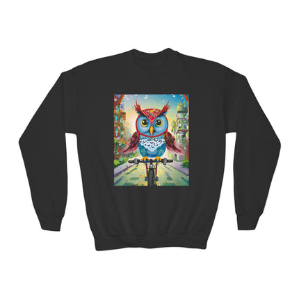 Cycling Owl Youth Crewneck Sweatshirt – Urban Adventure & Playful Motion