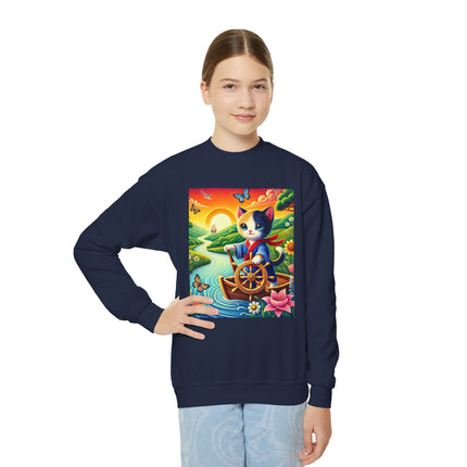 Sailor Kitten’s River Adventure Youth Crewneck Sweatshirt – Exploration, Joy & Storybook Adventure