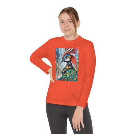 Techno Plumes Youth Long Sleeve Competitor Tee – Futuristic Elegance & Neon Feathers