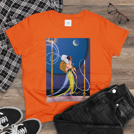 Smoke and Secrets: A Glamorous Encounter in Prohibition Era Women's Midweight Cotton Tee
