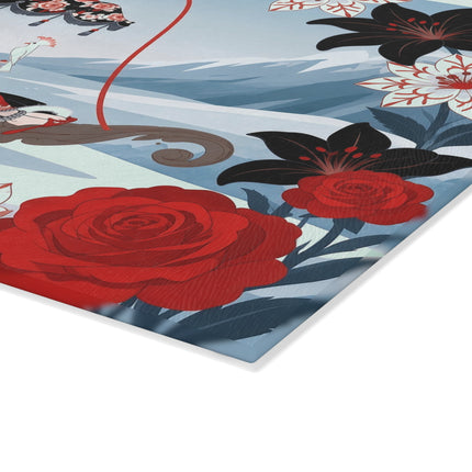 🌹❄️ The Lady Of The Winter Rose Sleigh Glass Cutting Board – Art Deco Alpine Elegance