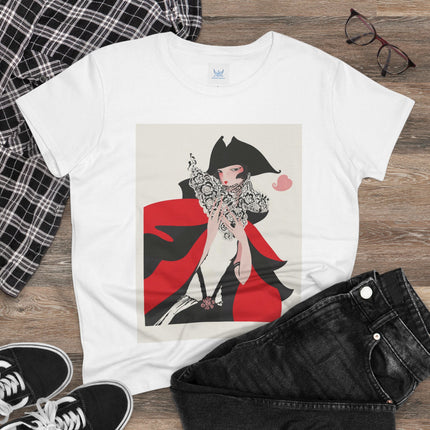 Crimson Masquerade Women's Midweight Cotton Tee – Dramatic Elegance & Art Deco Mystery