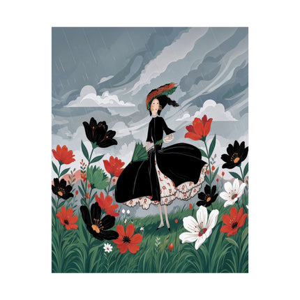🌧️🌺 The Lady Of The Rainy Flower Meadow Matte Vertical Poster – Art Deco Floral Whimsy