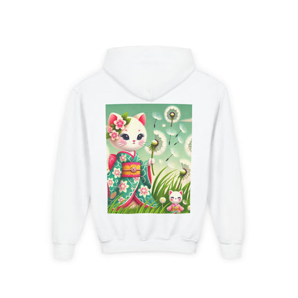 Geisha Kitten and the Dandelion Wish Youth Hooded Sweatshirt – Soft Dreams & Gentle Wonder
