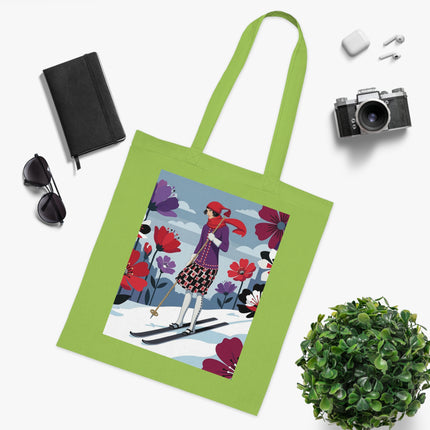 🎿🌺 The Winter Flower Skier Cotton Tote Bag – Art Deco Winter Fantasy