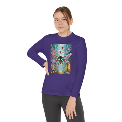 Neon Swarm Youth Long Sleeve Competitor Tee – Cyberpunk Flight & Futuristic Energy