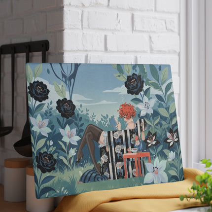 📚🌹 The Red-Haired Reader Glass Cutting Board – Art Deco Floral Garden