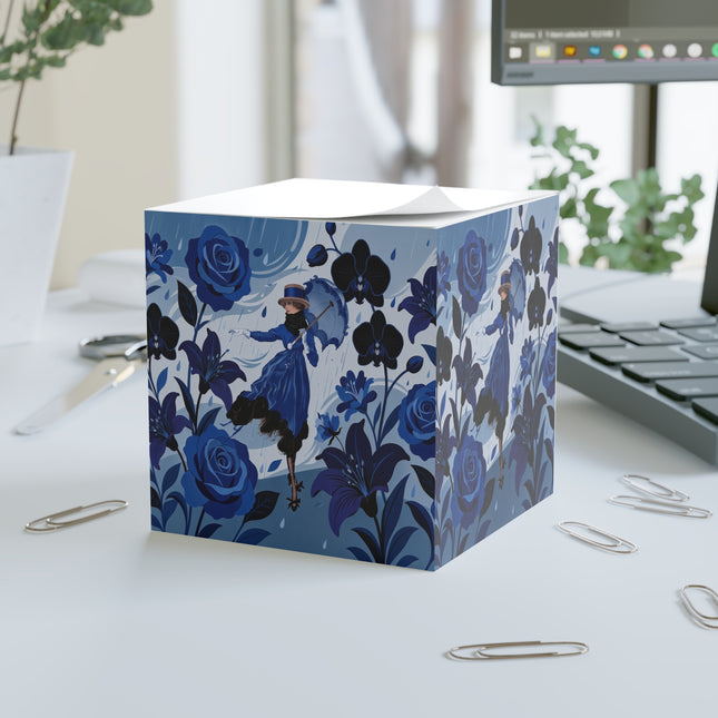 ☔💙 The Blue Rain Promenade Note Cube – Art Deco Floral Fashion