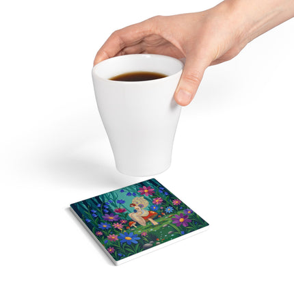🧚🍄 The Lady Of The Enchanted Mushroom Forest Ceramic Coaster – Art Deco Fairy Garden Fantasy