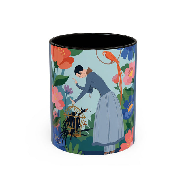 The Lady And The Mysterious Bird Colorful Mugs – Art Deco Botanical Mystery